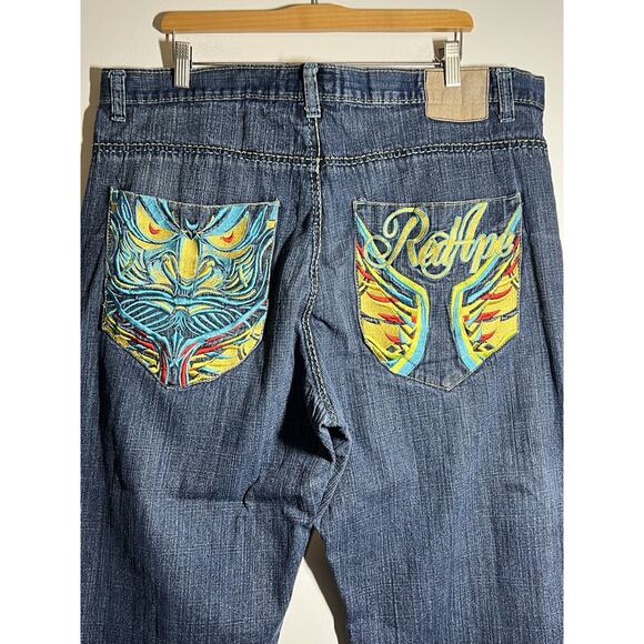 RARE Red Ape Y2K Men's Embroidered Baggy Dark Denim Straight Leg Jeans 38 x 32